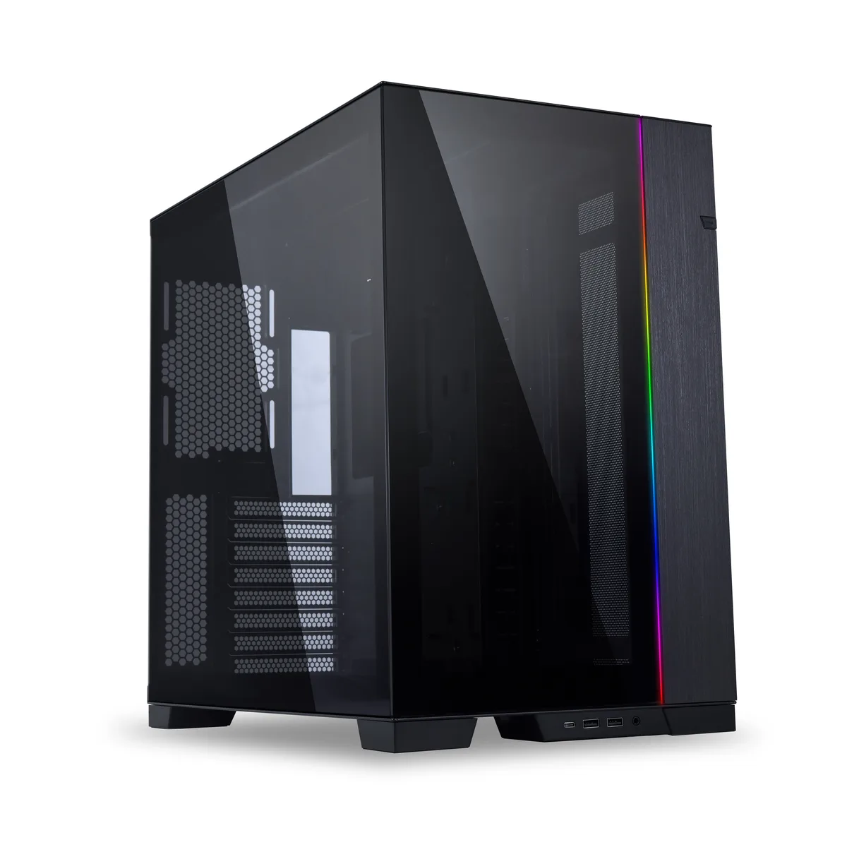Black aluminium steel glass mid tower with mesh panels and ARGB front strip