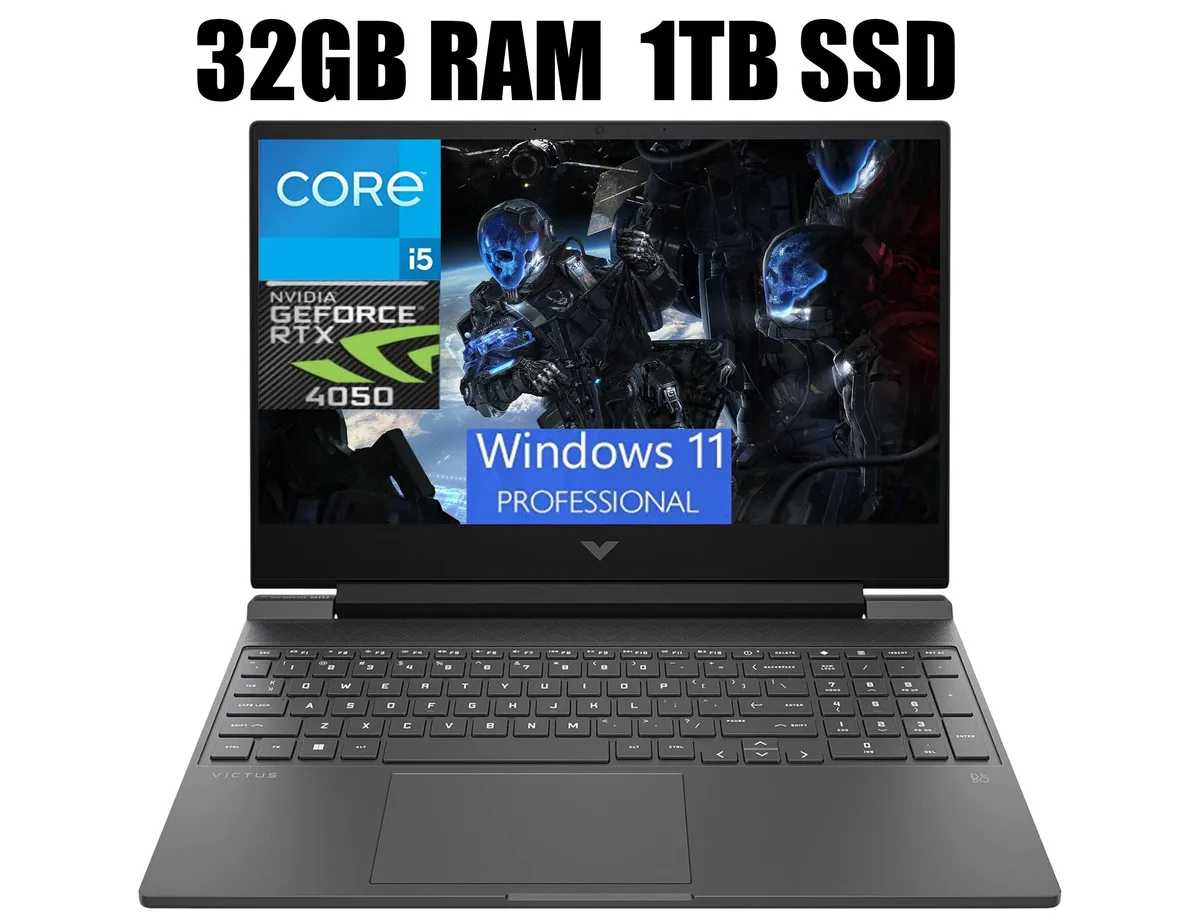 Black 15.6 inch gaming laptop with thin bezel display and backlit keyboard