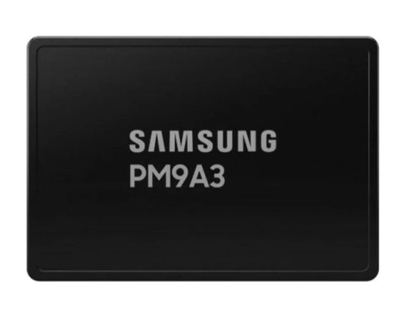 Samsung PM9A3 960 GB U.2 NVMe SSD, green PCB with silver label