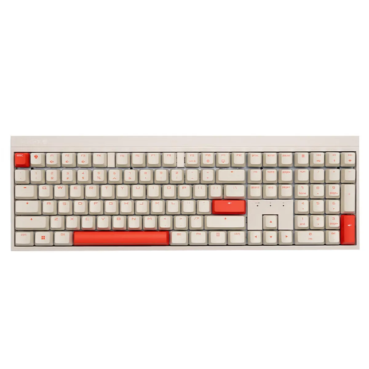 White full-size mechanical keyboard with 108 keys and red linear switches