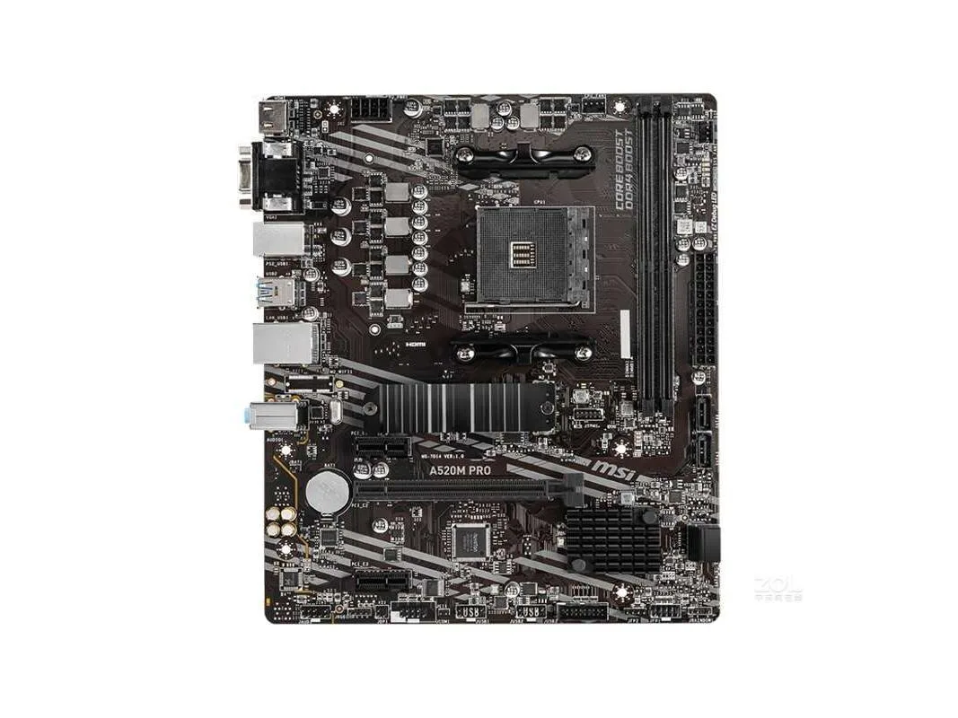 Green rectangular Micro ATX board with silver AM4 socket and four black DDR4 slots