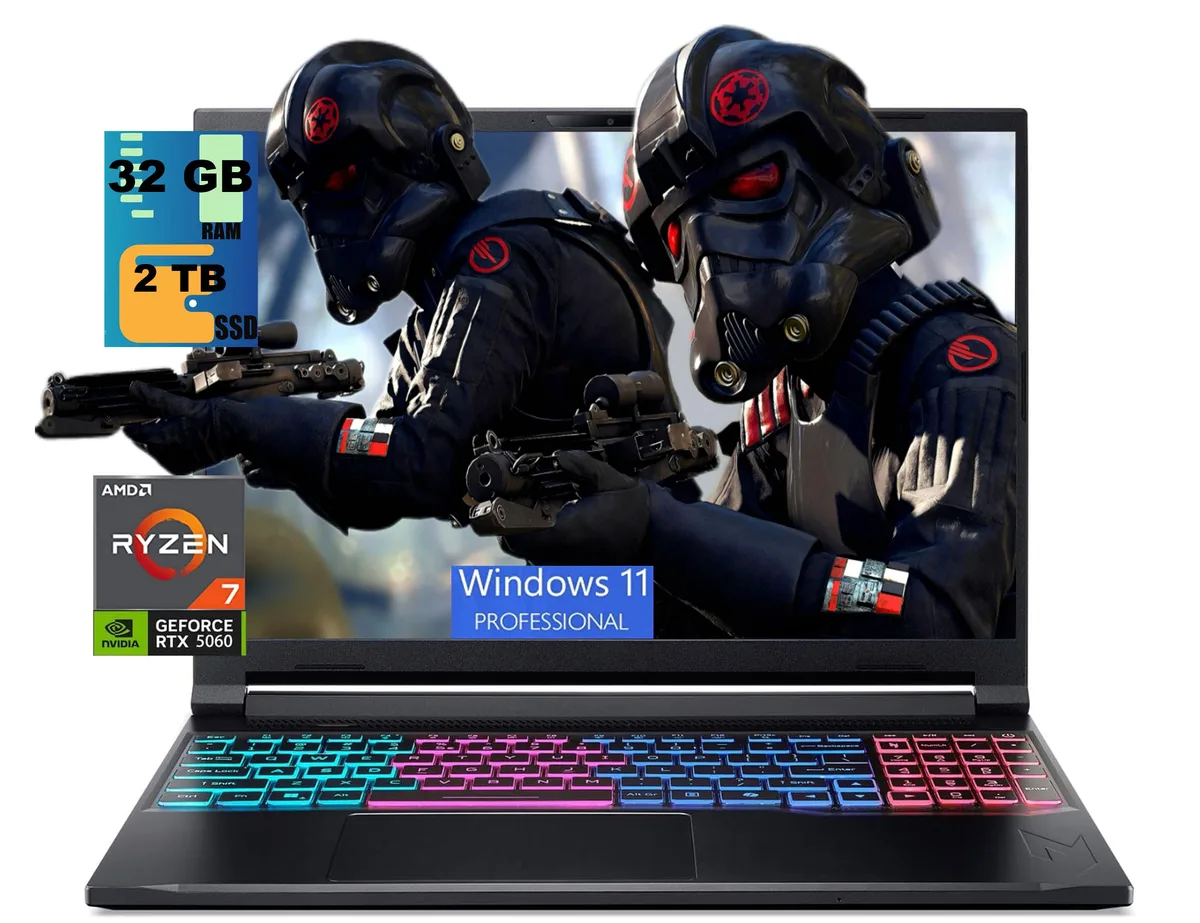 Black 16 inch gaming laptop, matte finish, RGB keyboard, closed lid