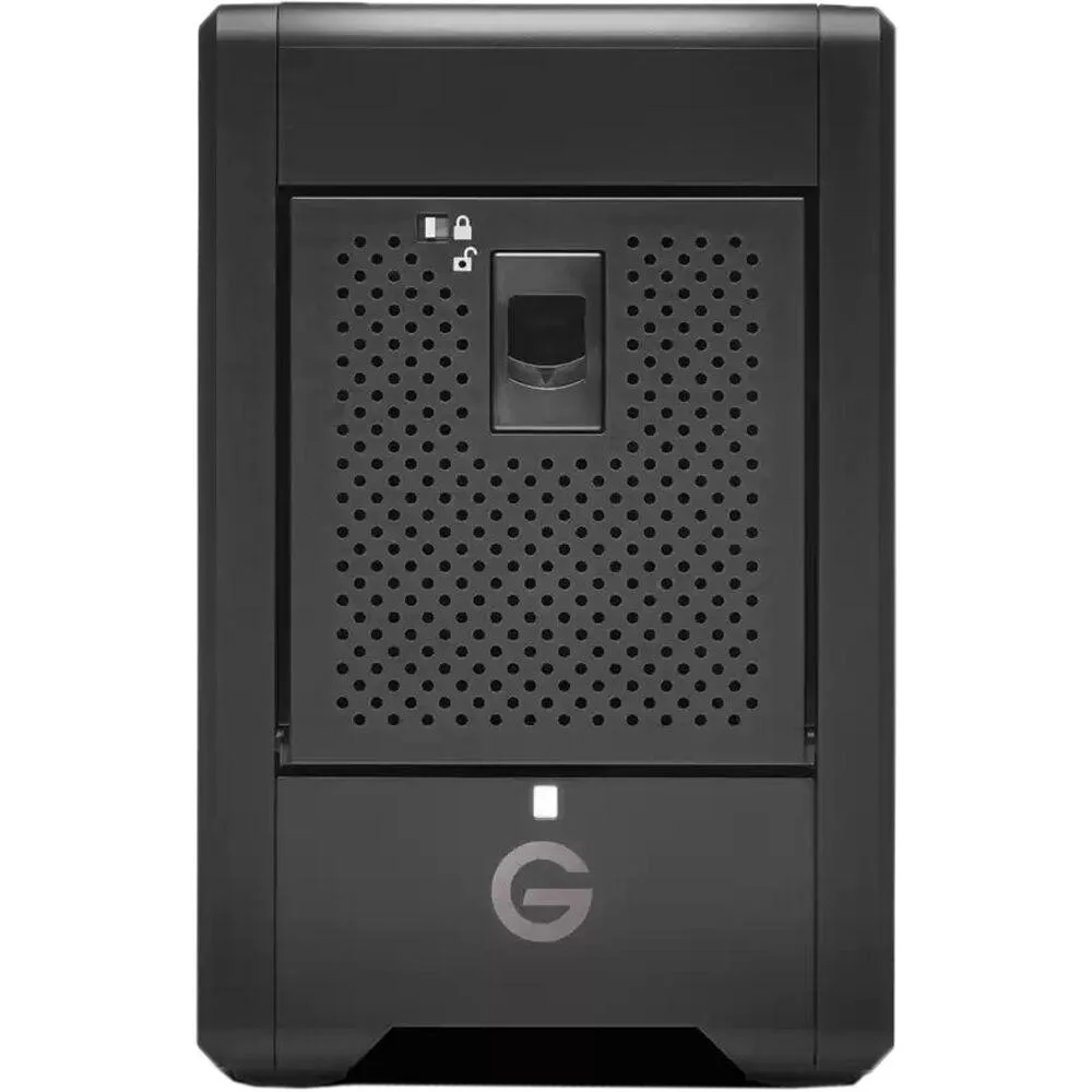 Silver four-bay desktop RAID enclosure with four 3.5-inch drives visible