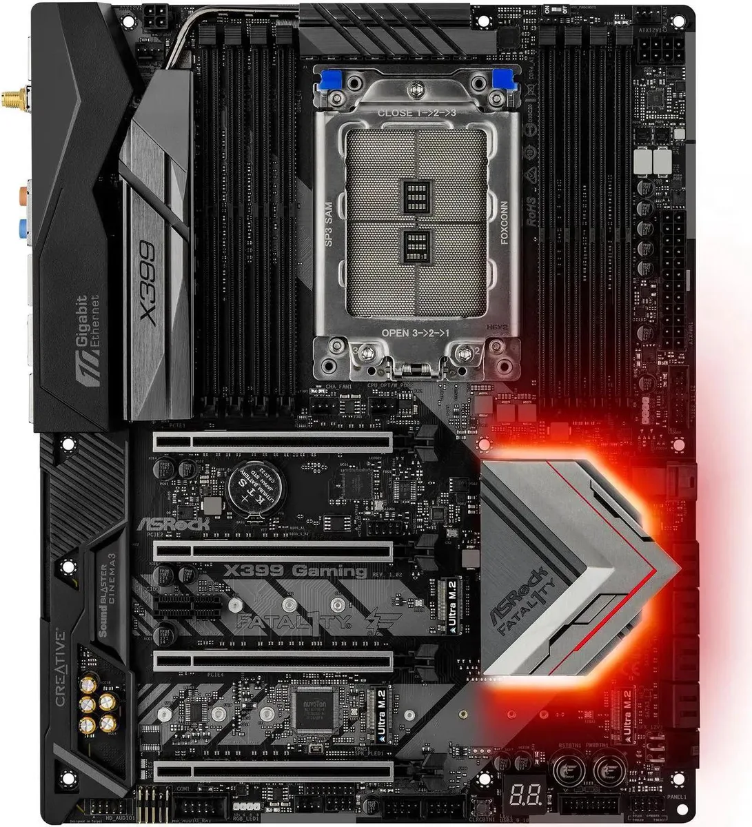 ATX motherboard black PCB gold accents Fatal1ty branding sTR4 socket eight DDR4 slots four PCIe x16 slots two M.2 heatshields rear