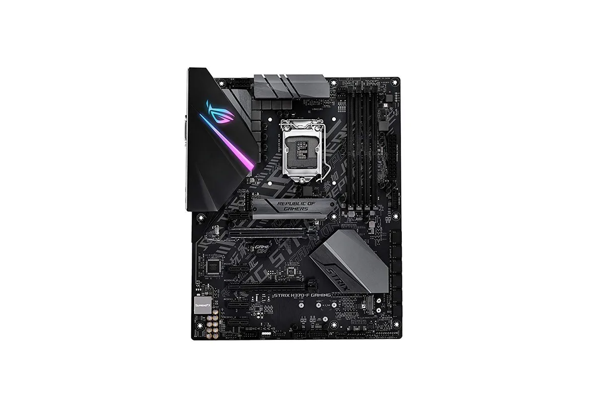 ASUS ROG STRIX H370-F GAMING ATX motherboard in black with silver heatsinks and I/O shield