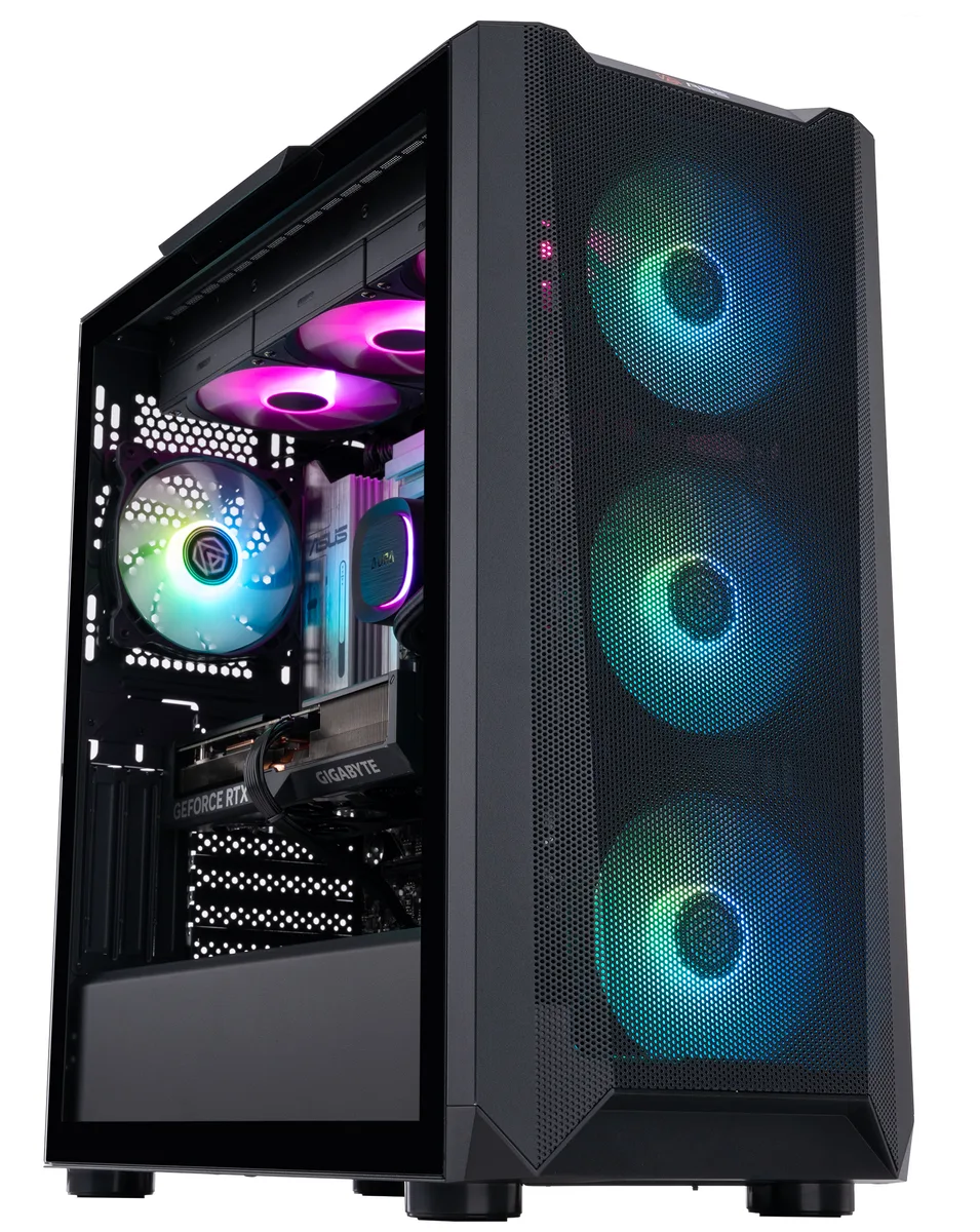 Black micro-tower gaming PC with RGB liquid cooler visible through side panel