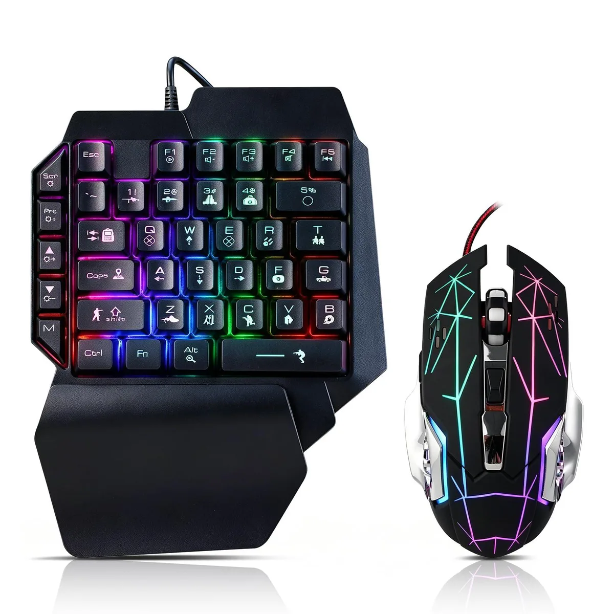 Black one-handed gaming keyboard with 39 keys, rainbow LED backlight, wrist rest, and matching ergonomic mouse