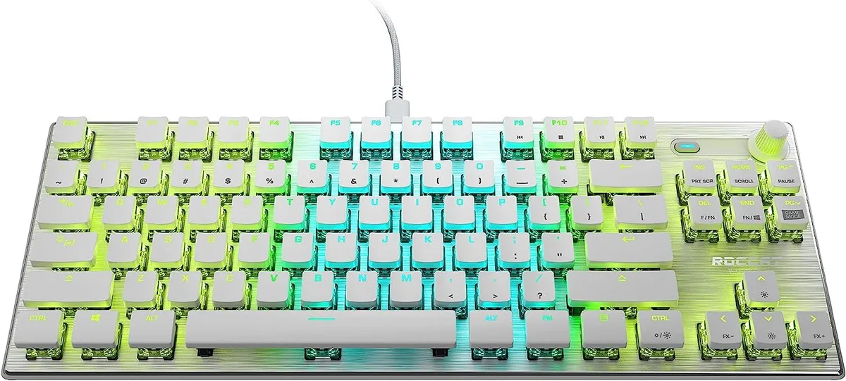 White tenkeyless gaming keyboard with low-profile keys and volume dial