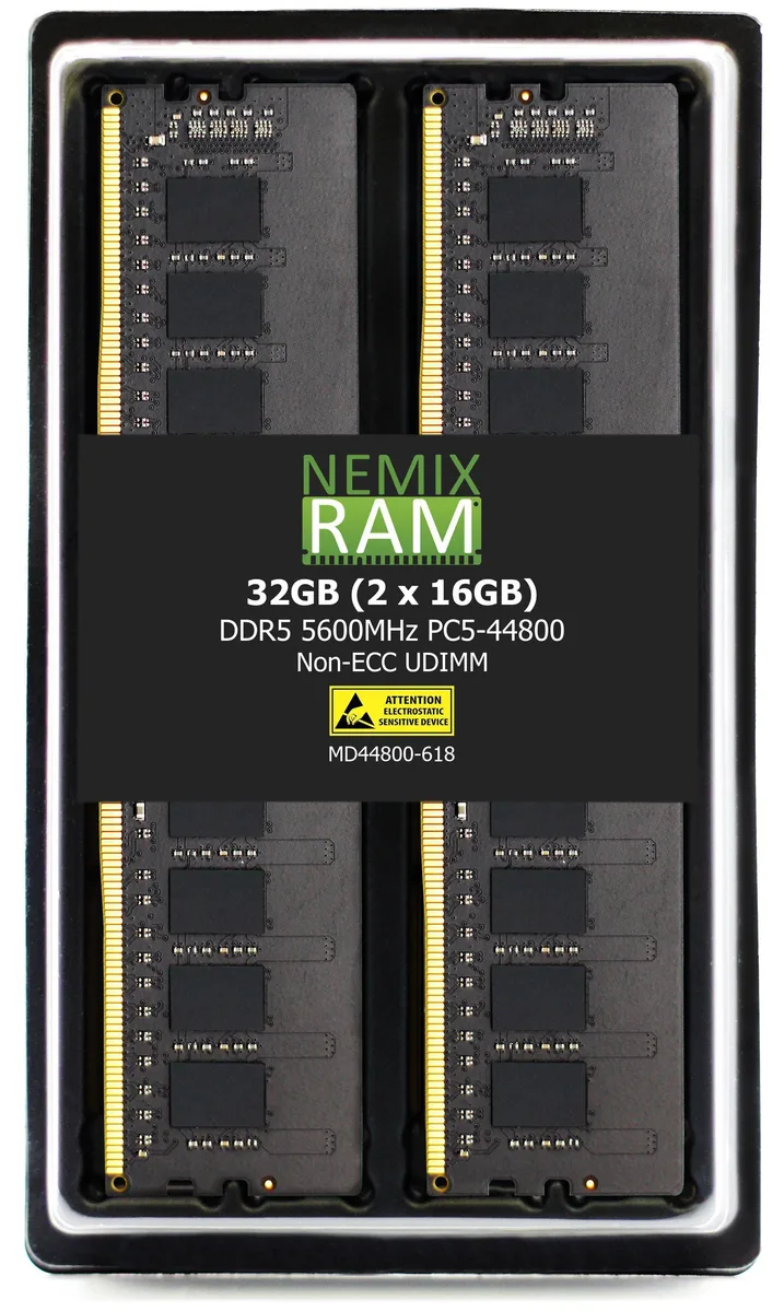 Two green DDR5 UDIMM modules without heat spreaders