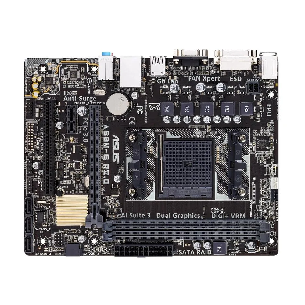 Green Micro ATX motherboard with black sockets and silver heatsinks