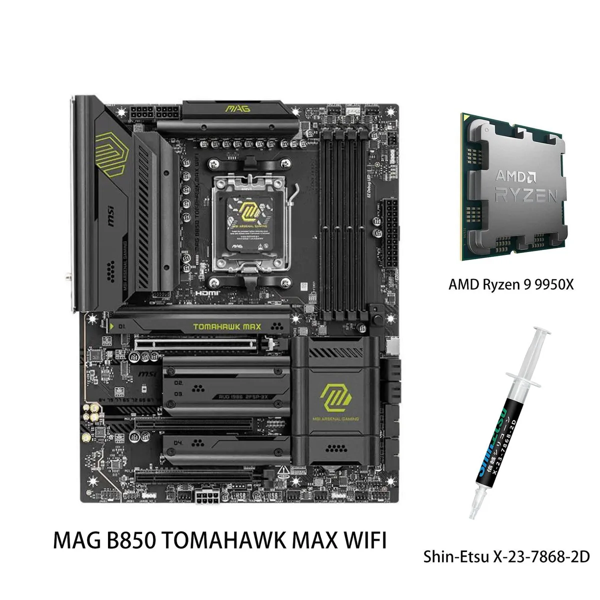 A black ATX motherboard with silver heatsinks and a boxed Ryzen 9 9950X CPU