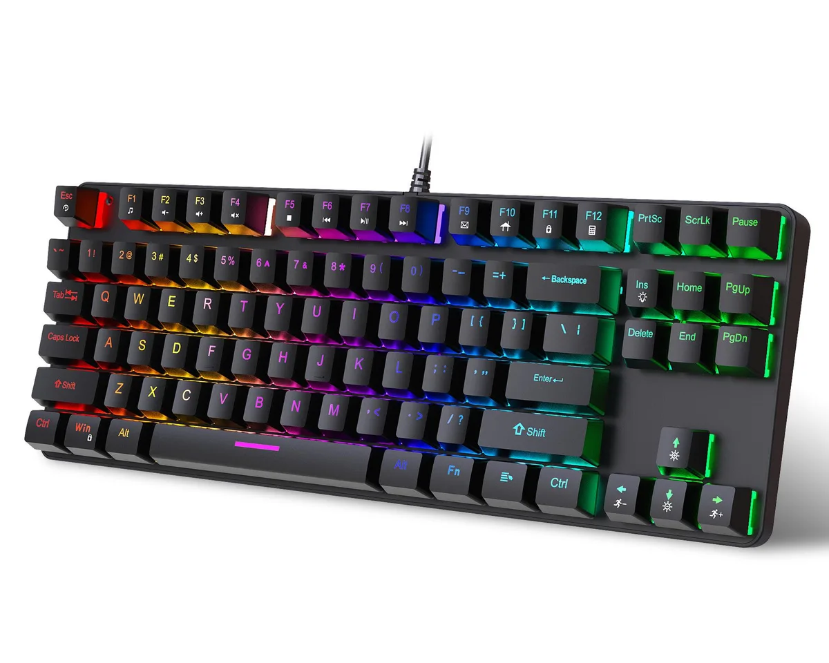 Compact black 60 percent mechanical keyboard with blue switches and rainbow backlighting