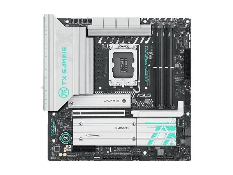 mATX board with black PCB, silver heatsinks, and RGB lighting