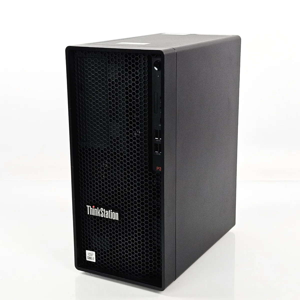 Lenovo ThinkStation P340 Tower desktop PC in black chassis with front ports and ventilation