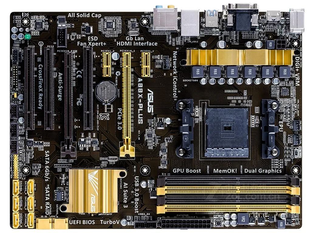 ATX motherboard in black with silver heatsinks and blue slots
