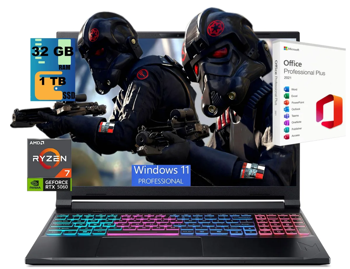 Black Acer Nitro V 16S gaming laptop with 16 inch display and RGB keyboard