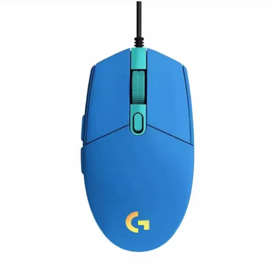 Blue wired gaming mouse with RGB lighting and six buttons