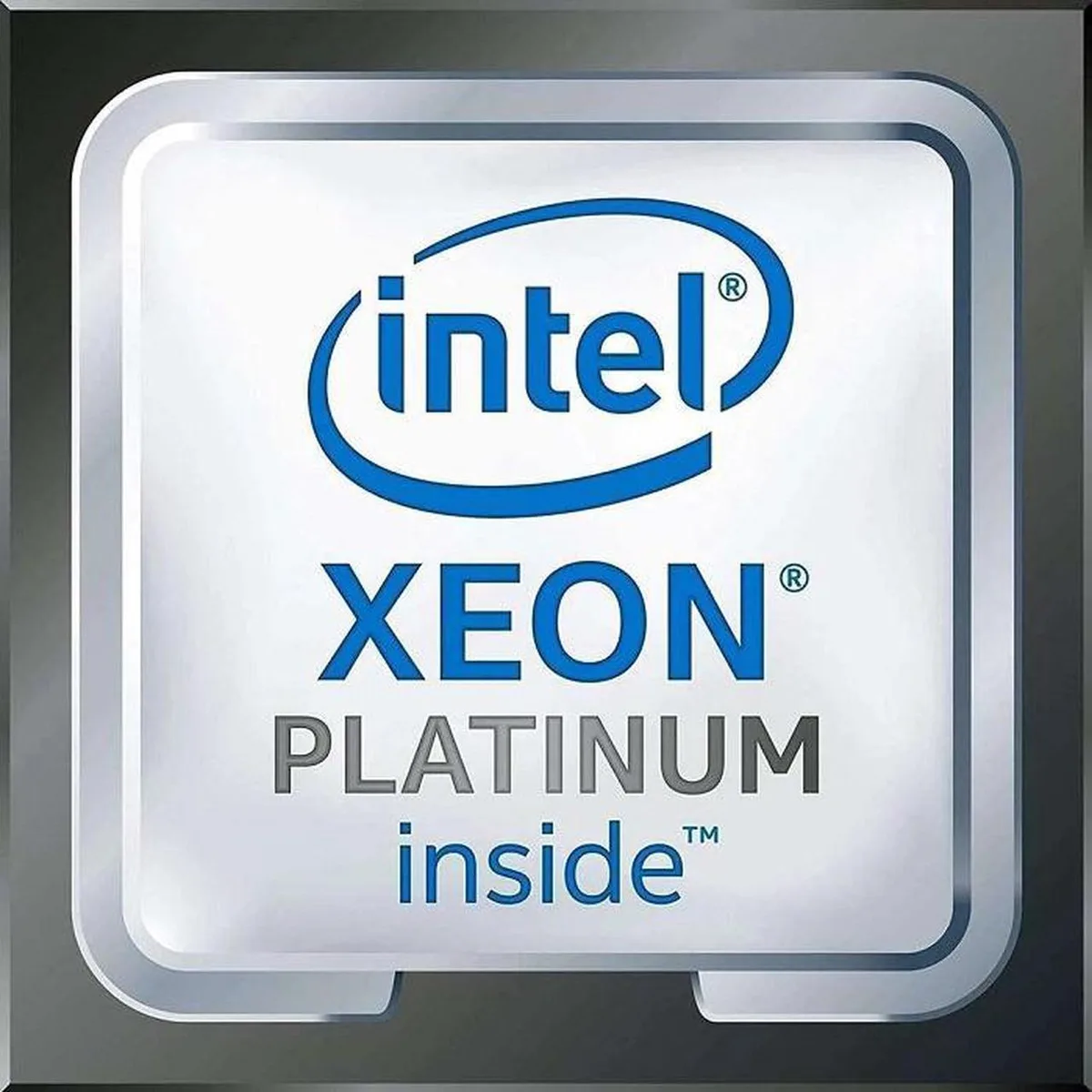 Square green circuit board with gold contact pads and silver heat spreader marked Intel Xeon Platinum 8470N