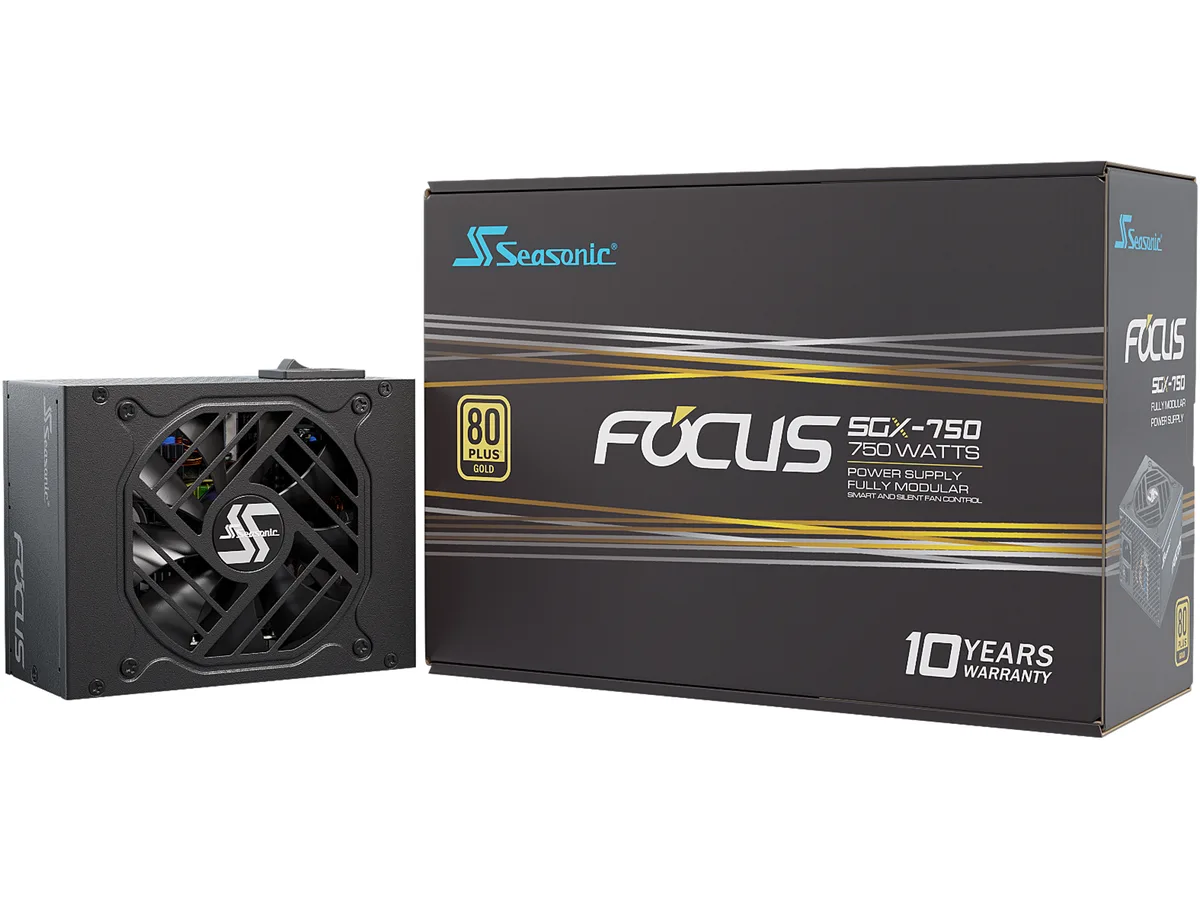 Compact SFX power supply unit with matte black finish and modular cable sockets visible
