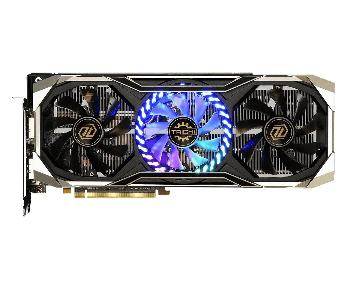 Triple-fan graphics card, silver metal shroud and backplate, 2.5-slot thickness