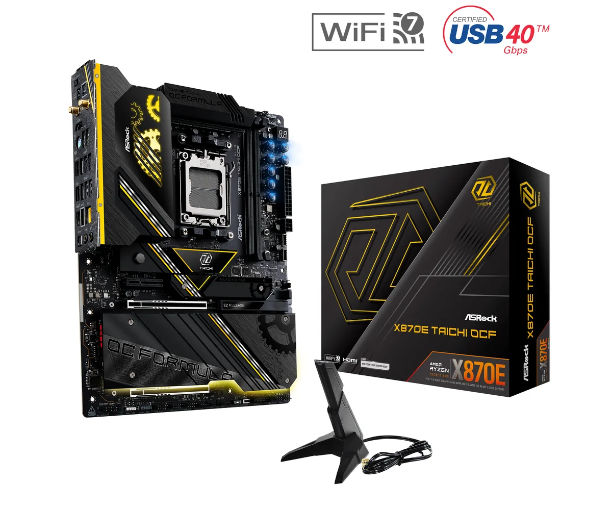 Rectangular ATX motherboard with black and silver finish, two DDR5 slots, multiple M.2 heatsinks, and reinforced PCIe slots