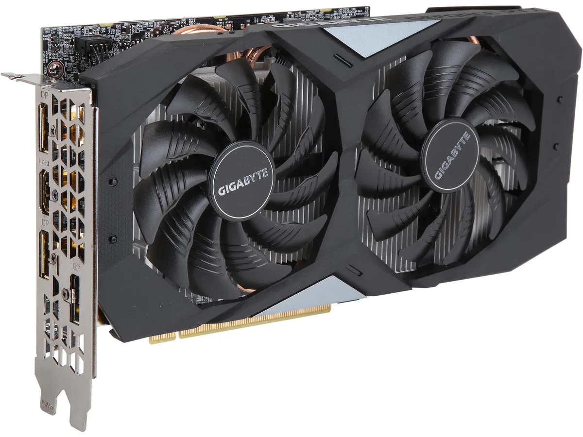 GIGABYTE RTX 2060 dual-slot graphics card with black shroud, two fans and metal backplate