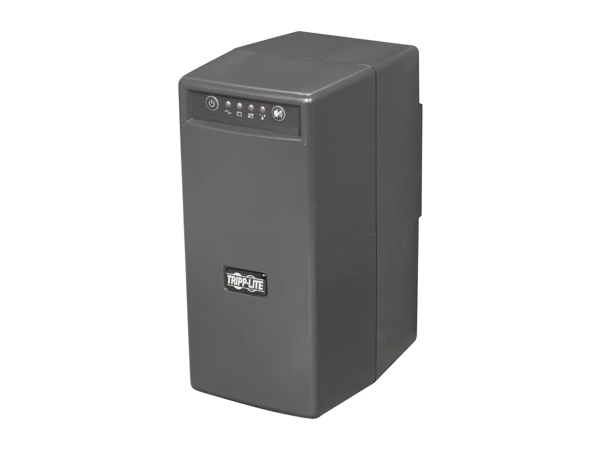 Black tower UPS unit with eight front outlets and USB port