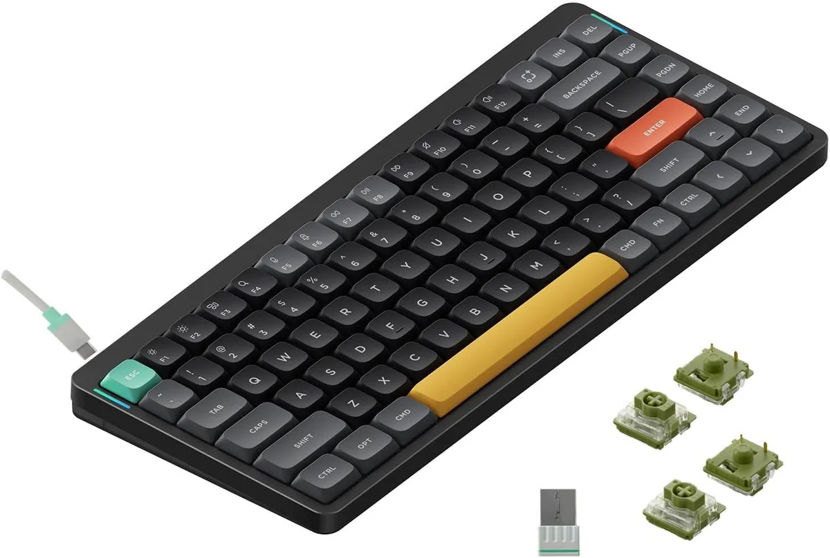 Black low-profile 75% keyboard with translucent base and RGB side bars