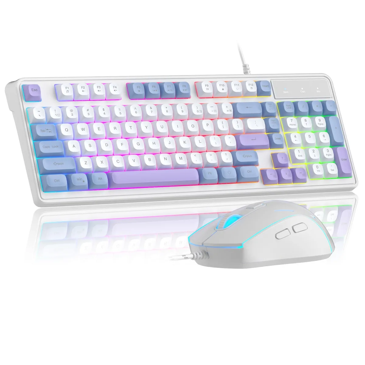 White blue purple 98 key keyboard with matching ergonomic mouse coiled USB cables