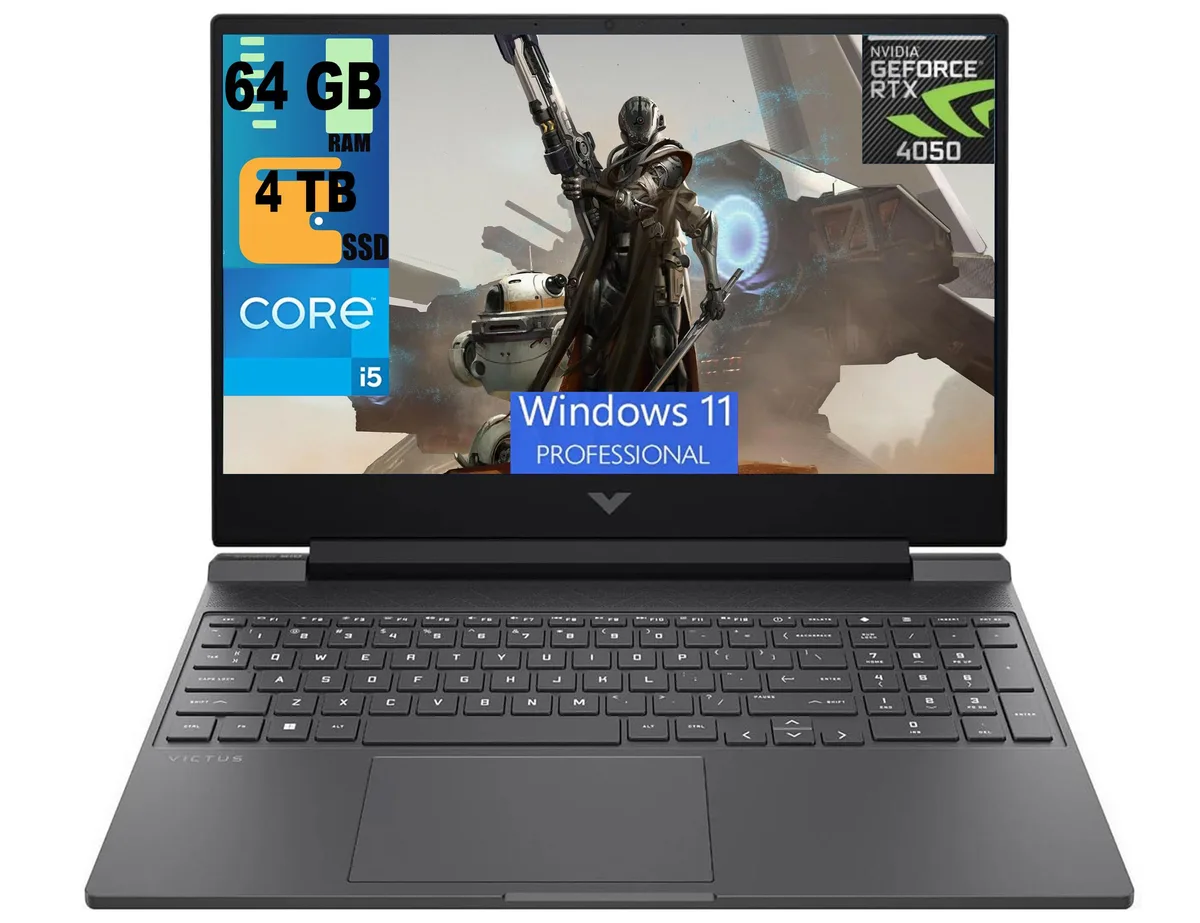 Black 15.6 inch gaming laptop with thin bezel display and backlit keyboard