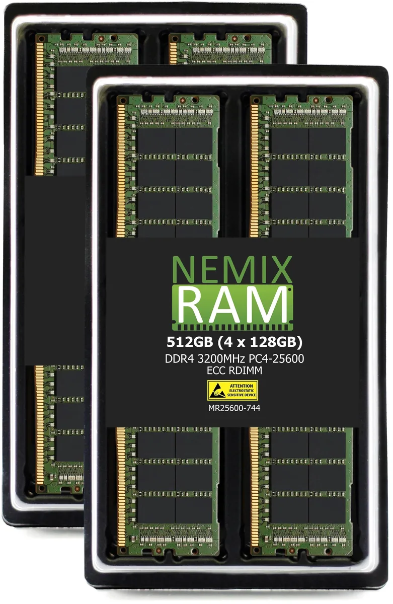 Four green DDR4 RDIMM modules in anti-static tray
