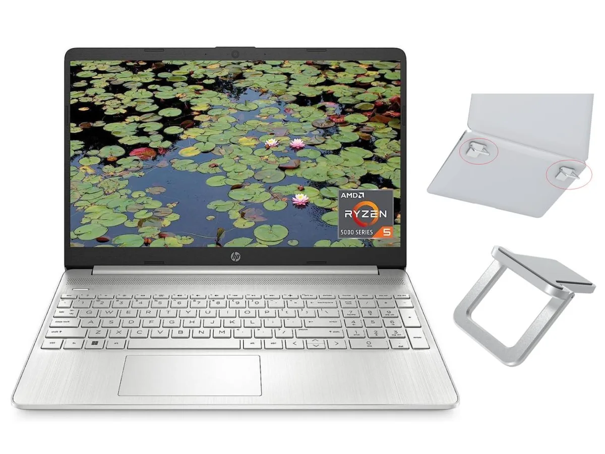 Silver 15.6 inch laptop with non-touch HD display and standard keyboard
