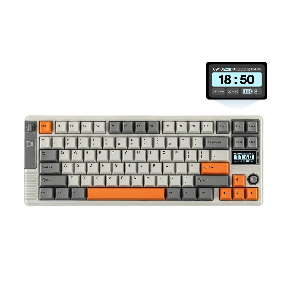 White 75% mechanical keyboard with joystick, screen and RGB backlighting