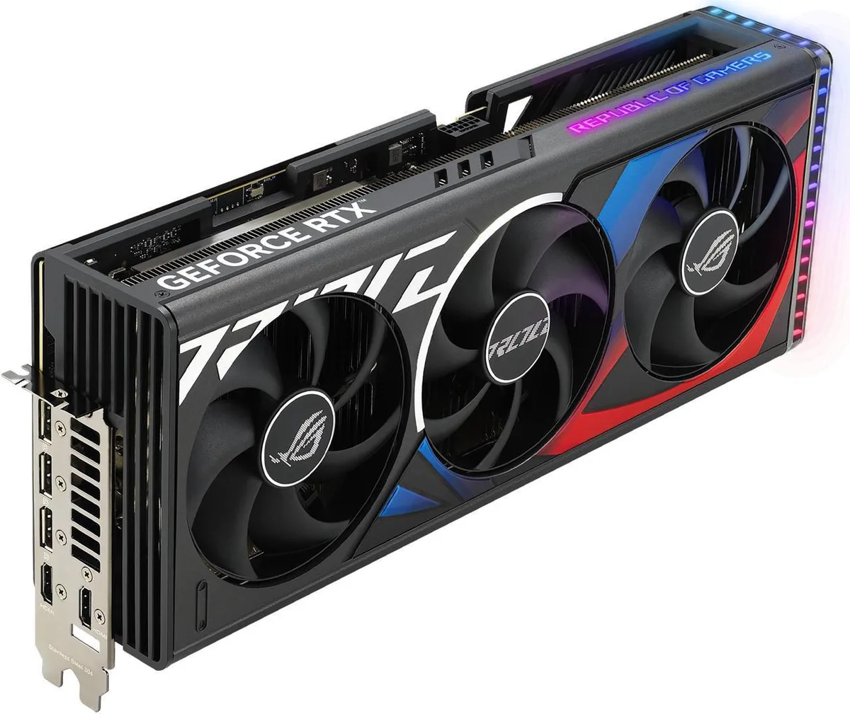 Large triple-fan graphics card in dark metal finish with vented backplate and thick 3.5-slot cooler