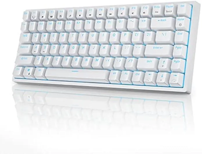 Compact 75 percent mechanical keyboard with blue LED backlighting and USB pass-through ports