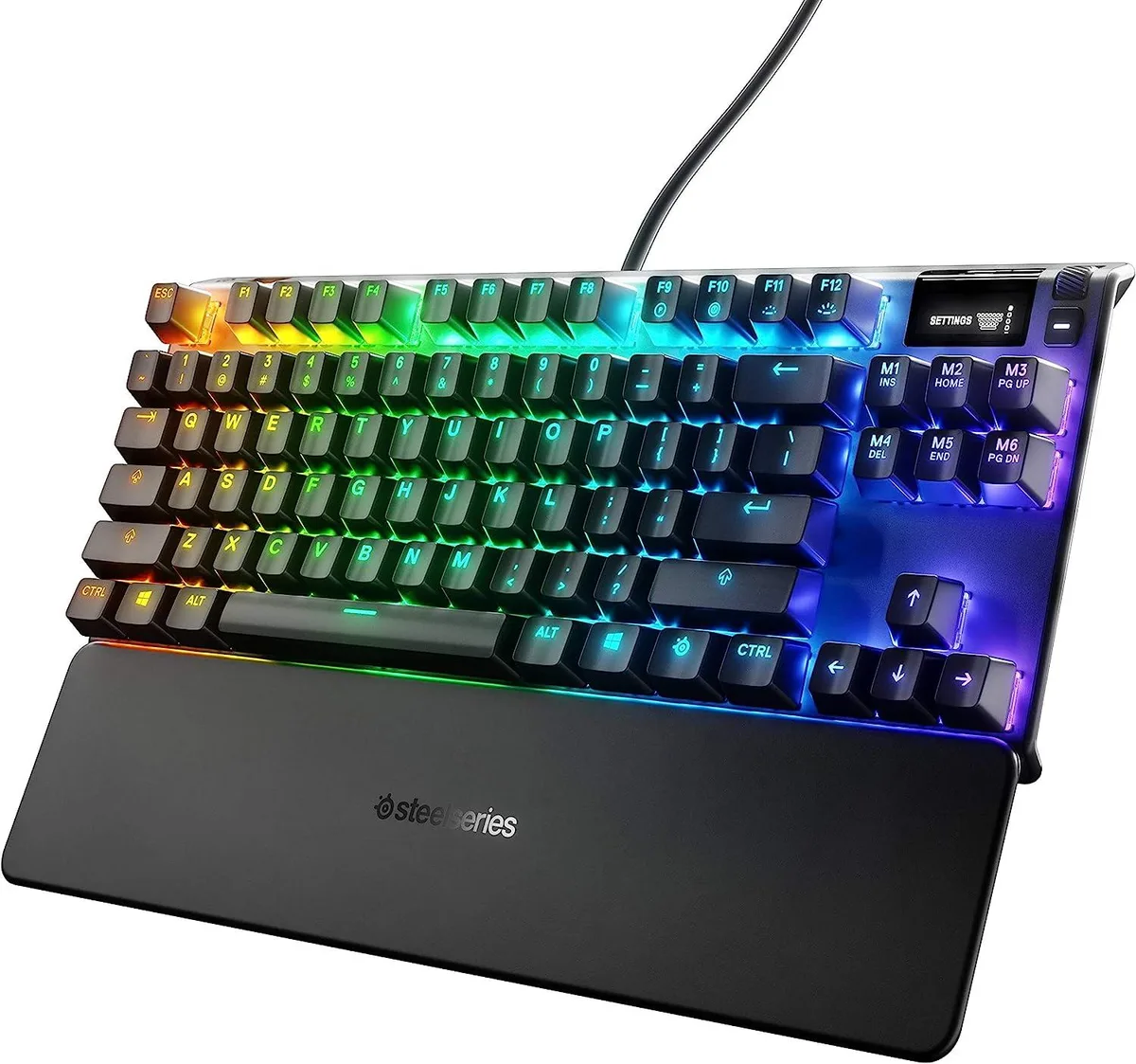 Tenkeyless mechanical keyboard with blue switches, aluminium frame, OLED display, RGB lighting and magnetic wrist rest