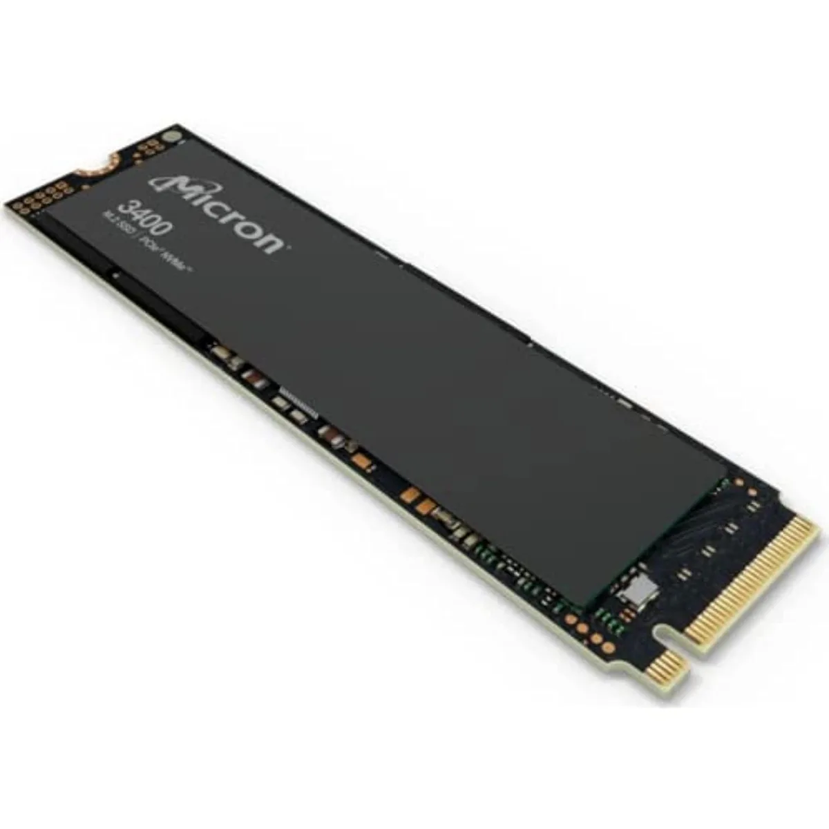 Green circuit board with gold connectors and black controller chips, labeled Micron 3400 512 GB M.2 2280 PCIe 4.0 NVMe