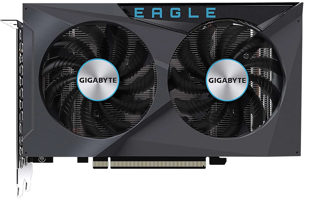 GIGABYTE Eagle Radeon RX 6500 XT dual-slot graphics card with two fans, black and silver finish