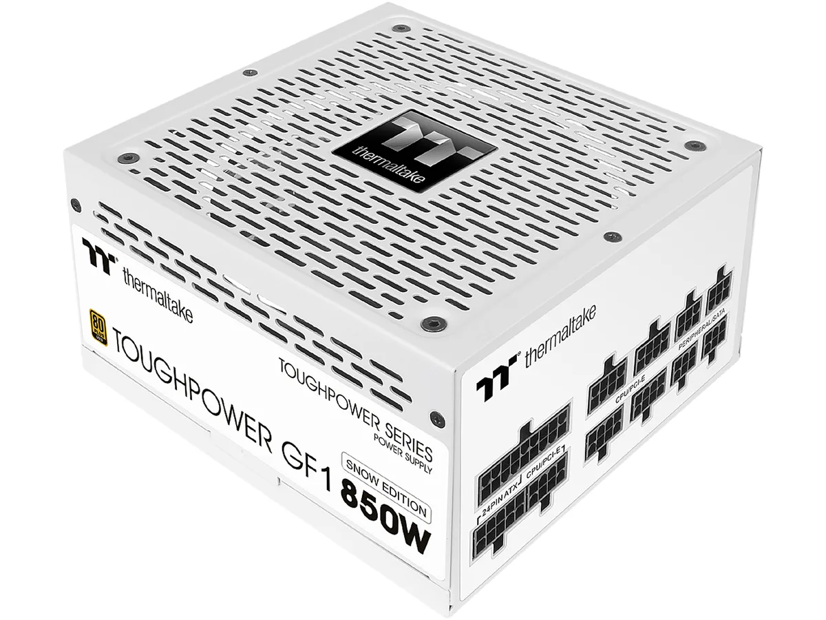 White fully modular ATX power supply with 140mm fan and flat white cables