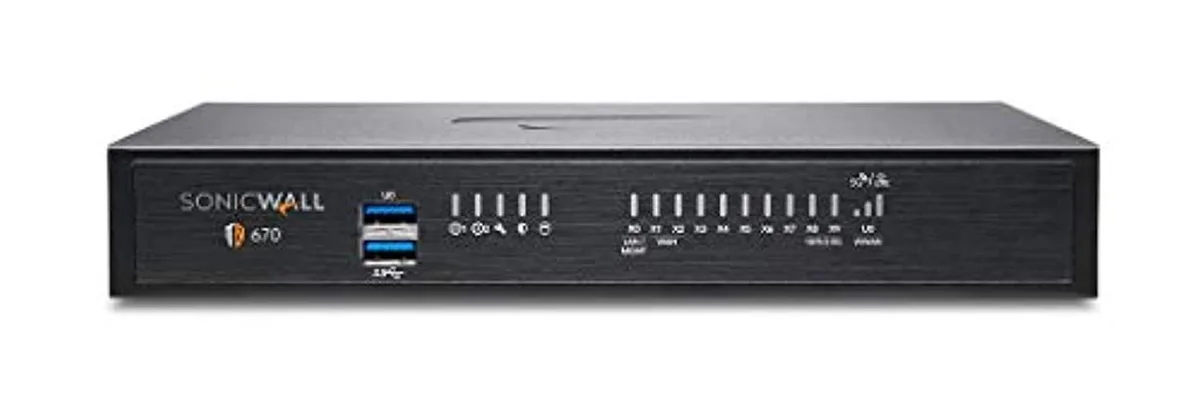 Small silver desktop firewall with eight RJ-45 ports and two SFP+ cages on the front