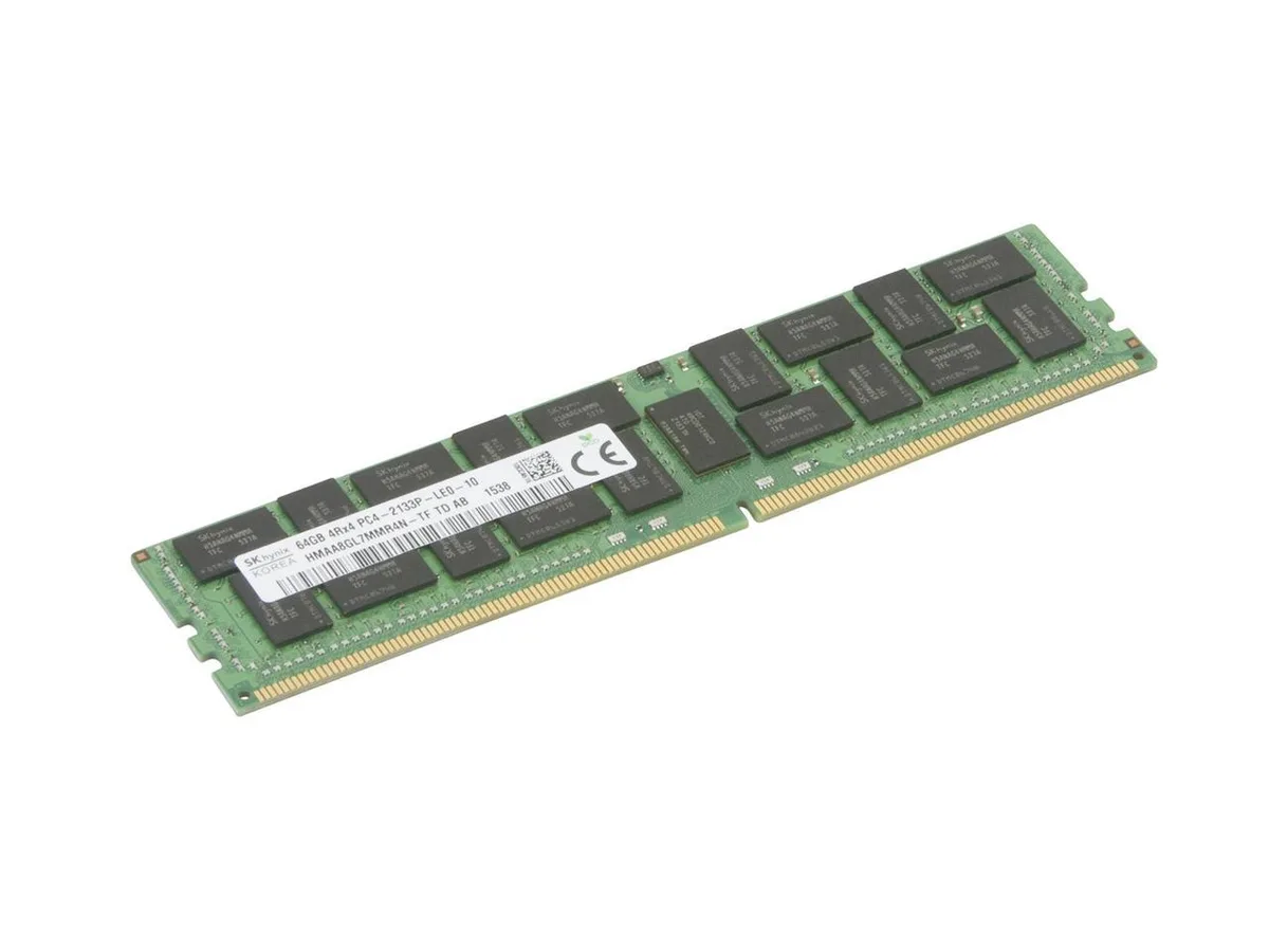 Green rectangular circuit board with black memory chips on both sides and gold edge connectors