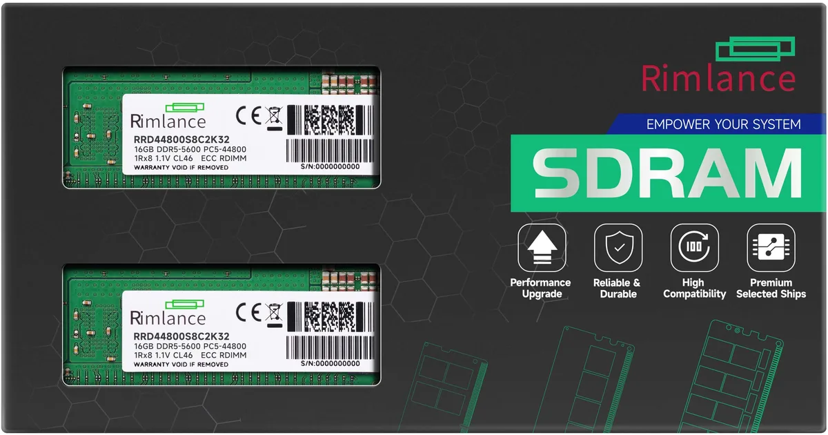 Two green DDR5 RDIMM modules with gold contacts and black heat spreaders