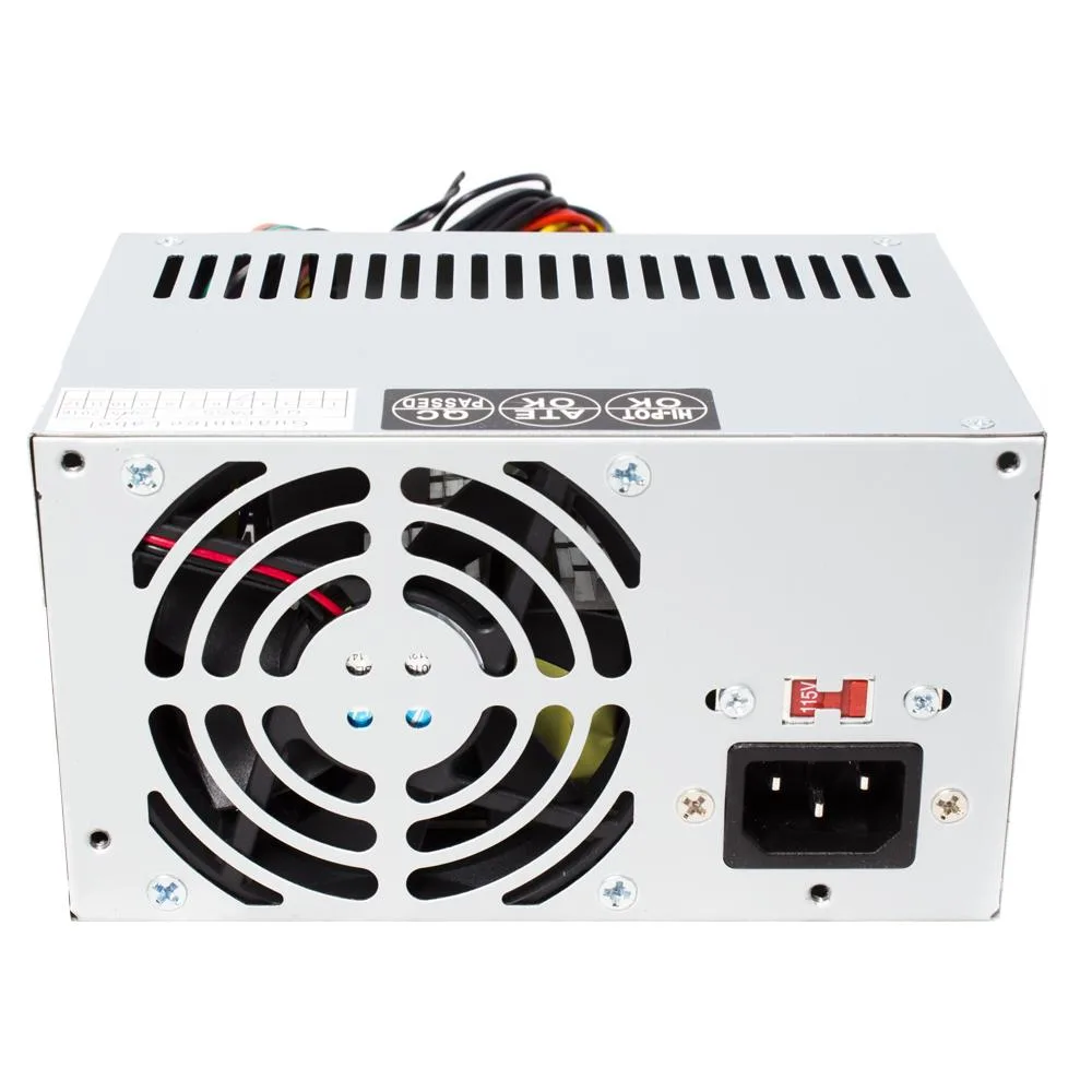 Grey ATX power supply unit with single fan and multiple cable connectors