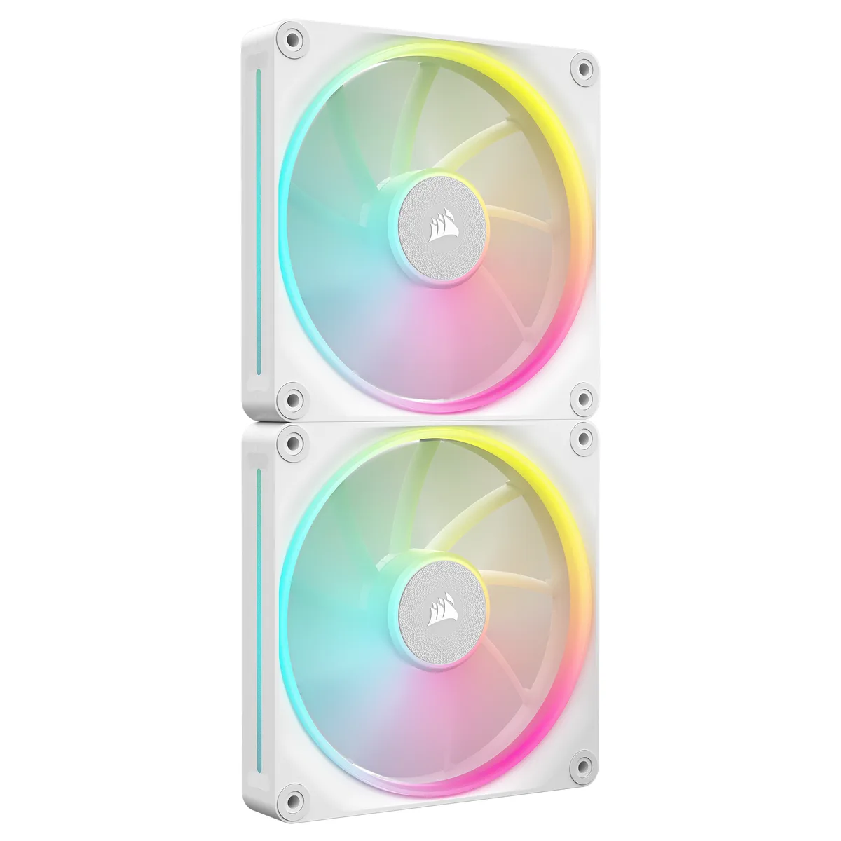 Two white 140mm case fans with dual RGB light loops and magnetic dome bearings, shown together in a dual pack