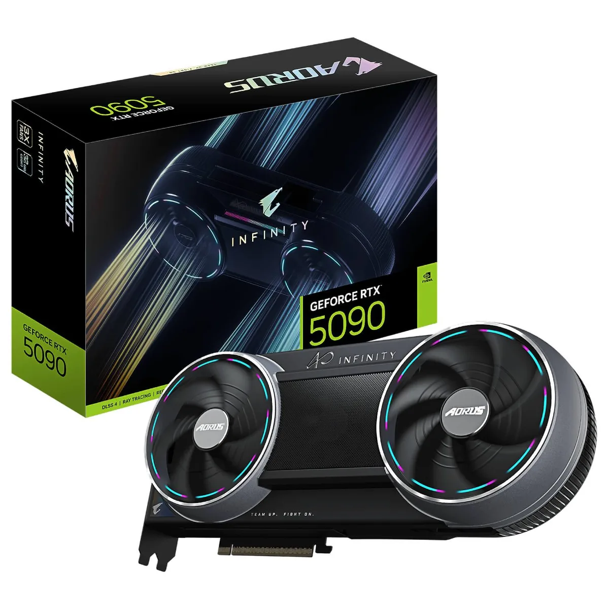Large black graphics card with three fans, metal backplate and RGB lighting, 330mm long