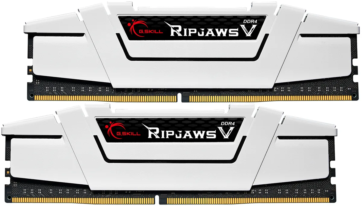 Two white DDR4 modules with aluminum heatspreaders side by side