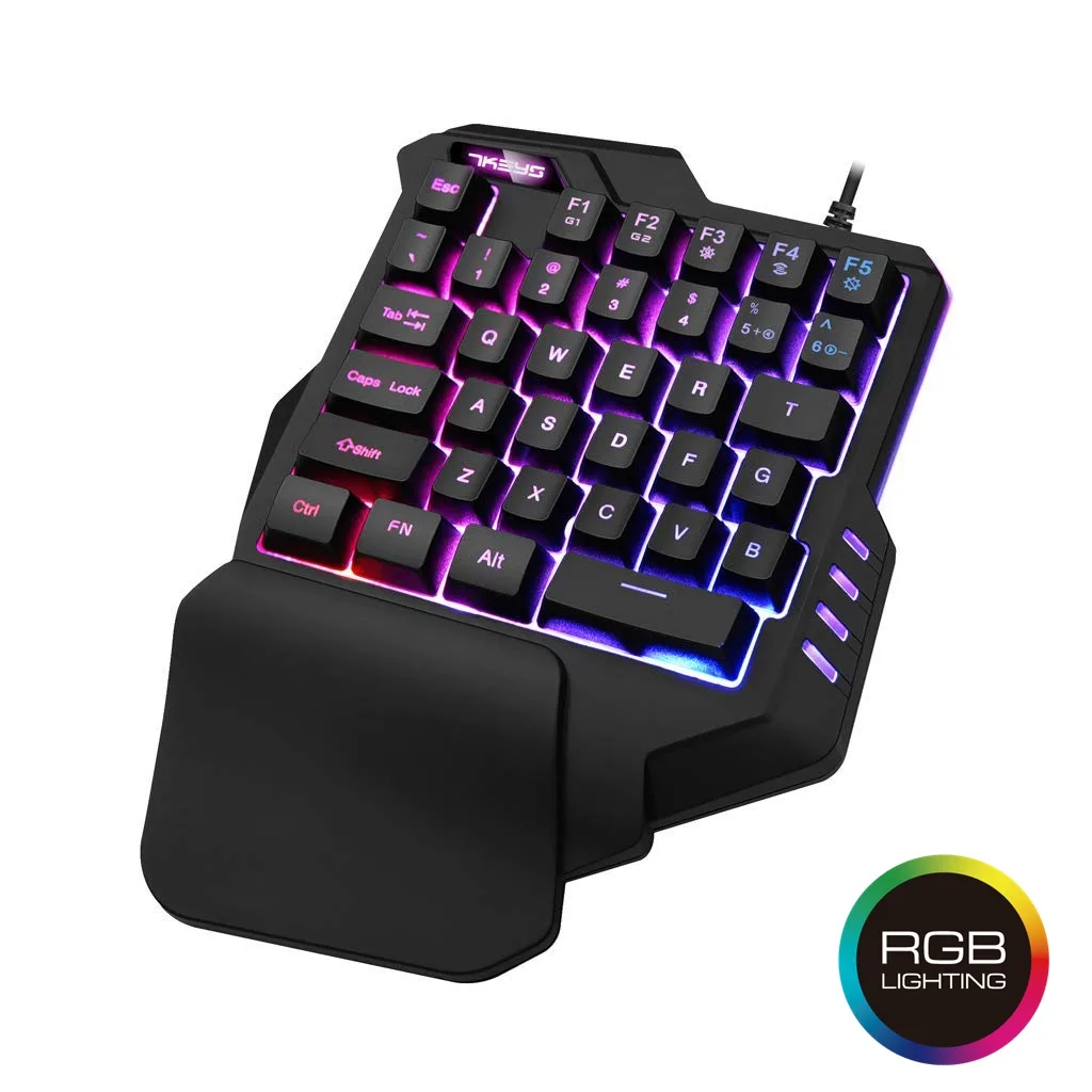 Compact black one-handed gaming keypad with 35 keys, integrated wrist rest and RGB backlighting