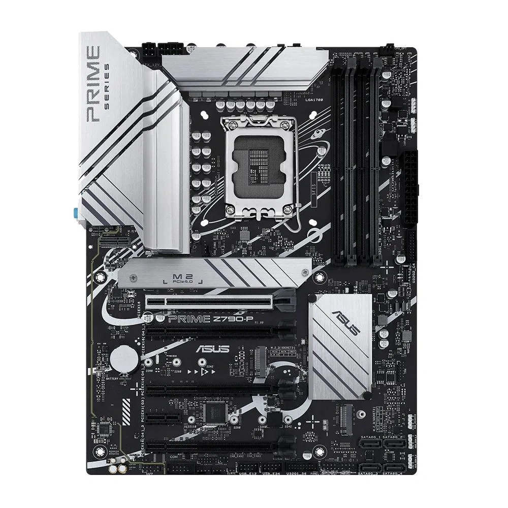 ATX motherboard with silver heatsinks and black PCB