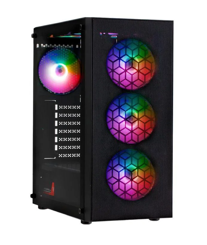Black mid-tower case with mesh front panel, tempered glass side window and six 120mm RGB fans visible