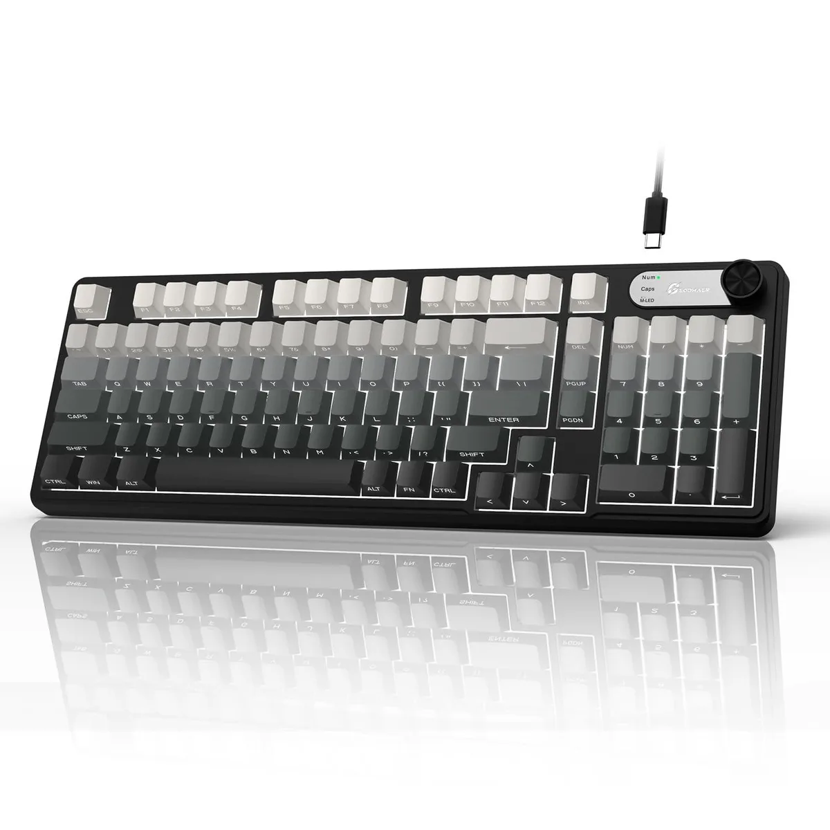 Black 99-key membrane gaming keyboard with RGB backlighting, volume knob, side-printed PBT keycaps